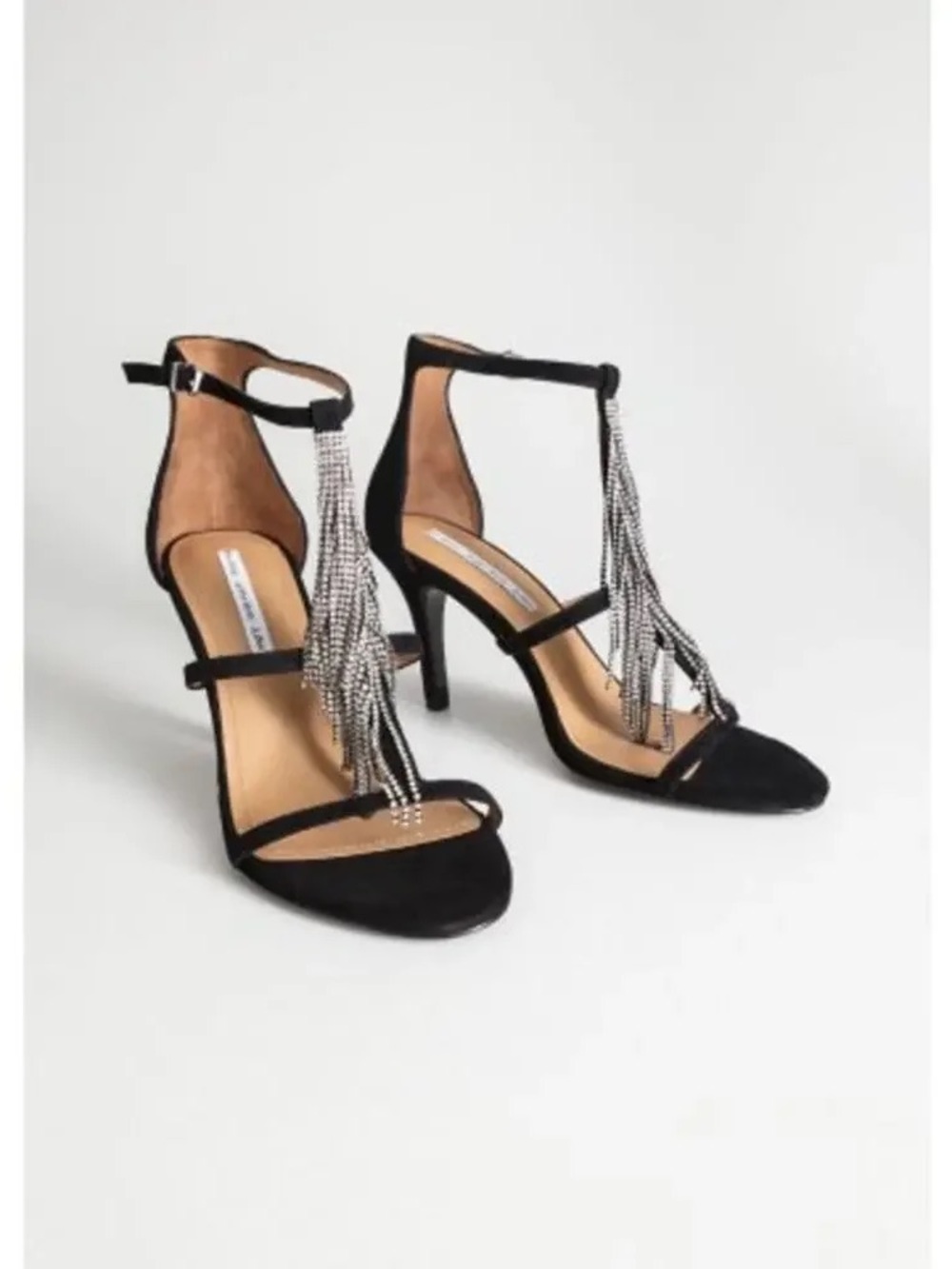 Black Crystal-Fringe T-Strap High Heels